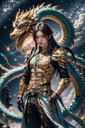 1boy,Emperor, long blue hair, blue armor, luminous magic, luminous golden dragon, starry sky, meteor,
