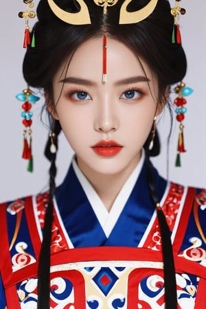 4k, office art, 1girl with robe armor, decorated with complex patterns and exquisite lines, k-pop, blue eyes, dark red lips,
