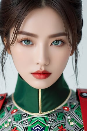 4k, office art, 1girl with green armor, decorated with complex patterns and exquisite lines, k-pop, blue eyes, dark red lips,
,TechStreetwear