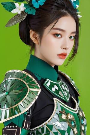 4k, office art, 1girl with green armor, decorated with complex patterns and exquisite lines, k-pop, blue eyes, dark red lips,
,TechStreetwear, full body