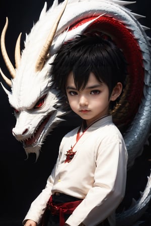 solo, short hair, black hair, red eyes, 1boy, closed mouth, male focus, horns, chibi, aged down, child, dragon, male child,
,chinese girls