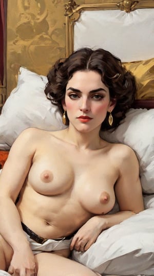 (((BDSM))) masterpiece painting of a shameless heiress reclining naked on the bed - (minimalist symbolic necklace and earrings, handsome androgynous beauty), interesting face, by Frederic Leighton and John William Waterhouse and Joaquin Sorolla and Lucian Freud, digital painting trending on artstation HQ,art by sargent