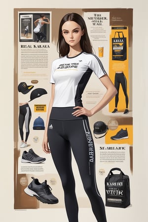Karra, realism, girl advertises fitness clothes, top and leggings on a slender model, memorable slogans of modern advertising and classic design elements, masterpiece, best quality, aesthetic,