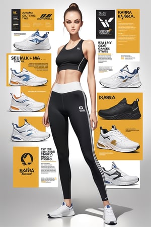 Karra, realism, girl advertises fitness clothes, top and leggings on a slender model, comfortable sneakers from the company Karra, memorable slogans of modern advertising and classic design elements, masterpiece, best quality, aesthetic,,
