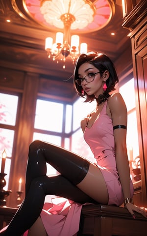 (1girl, Alone, alone), (WakatsukiRisa, Sarada uchiha, black hair, short hair, Black eyes, red glasses), ((Alone, (1woman,pink lipstick, Black eyes), extremely detailed , Soft ambient lighting, 4K, perfect eyes, a perfect face, Perfect Lighting, the 1 girl)), ((fitness, , shapely body, athletic body, toned body)) , ((scarlet dress, high heels, sitting, legs crossed, earrings, mansion, wooden ornamentation, lamp, chandelier, background painting)), two legs, two arms, anatomically correct body parts
