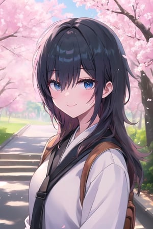 hd, HDR, UHD, 4k, 2k, 6k, 8k, ultra HD, high graphics, best graphics, highest quality, best quality, ultra quality, (((masterpiece))), (((best quality))), ((ultra-detailed)), (illustration), (detailed light), an extremely delicate and beautiful, beautiful detailed eyes, sunlight, cherry blossoms, Ishimi, ishimi yokoyama, full body, pov cheek warming, 1girl, smile