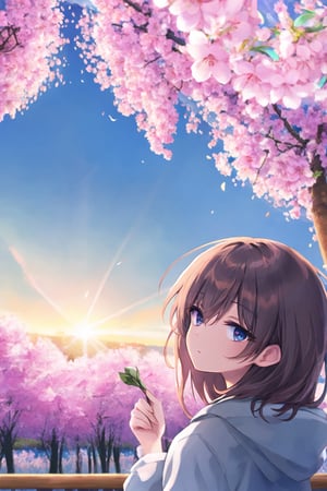 hd, HDR, UHD, 4k, 2k, 6k, 8k, ultra HD, high graphics, best graphics, highest quality, best quality, ultra quality, (((masterpiece))), (((best quality))), ((ultra-detailed)), (illustration), (detailed light), an extremely delicate and beautiful, beautiful detailed eyes, sunlight, cherry blossoms, Ishimi, zoomed out, cropped hoodie