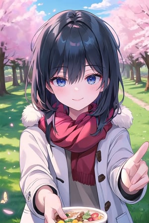 hd, HDR, UHD, 4k, 2k, 6k, 8k, ultra HD, high graphics, best graphics, highest quality, best quality, ultra quality, (((masterpiece))), (((best quality))), ((ultra-detailed)), (illustration), (detailed light), an extremely delicate and beautiful, beautiful detailed eyes, sunlight, cherry blossoms, Ishimi, ishimi yokoyama, full body, pov cheek warming, 1girl, smile,  scarf, coat,  solo, looking at viewer