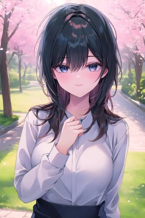 hd, HDR, UHD, 4k, 2k, 6k, 8k, ultra HD, high graphics, best graphics, highest quality, best quality, ultra quality, (((masterpiece))), (((best quality))), ((ultra-detailed)), (illustration), (detailed light), an extremely delicate and beautiful, beautiful detailed eyes, sunlight, cherry blossoms, Ishimi, ishimi yokoyama, full body, pov cheek warming, 1girl, smile, 