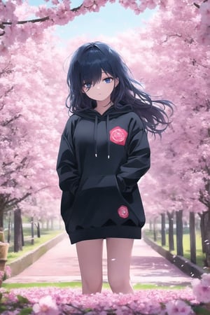 hd, HDR, UHD, 4k, 2k, 6k, 8k, ultra HD, high graphics, best graphics, highest quality, best quality, ultra quality, (((masterpiece))), (((best quality))), ((ultra-detailed)), (illustration), (detailed light), an extremely delicate and beautiful, beautiful detailed eyes, sunlight, cherry blossoms, Ishimi, full body, cropped hoodie