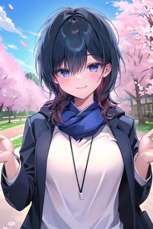 hd, HDR, UHD, 4k, 2k, 6k, 8k, ultra HD, high graphics, best graphics, highest quality, best quality, ultra quality, (((masterpiece))), (((best quality))), ((ultra-detailed)), (illustration), (detailed light), an extremely delicate and beautiful, beautiful detailed eyes, sunlight, cherry blossoms, Ishimi, ishimi yokoyama, full body, pov cheek warming, 1girl, smile,  scarf, coat,  solo, looking at viewer