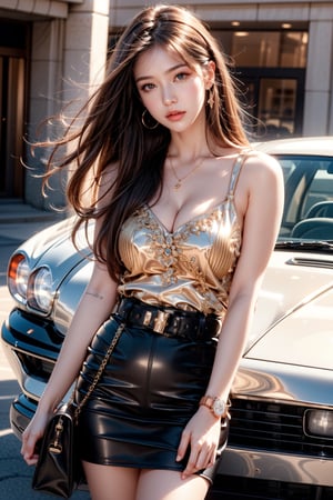 1girl, solo, long hair, looking at viewer, brown hair, brown eyes, jewelry, belt, bag, lips, head tilt, ground vehicle, motor vehicle, watch, handbag, realistic, car, wristwatch, photo background, real world location