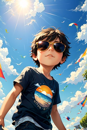 1 boy, dark hair, wearing sunglasses, ascending angle, detailed background, summer sky, natural light,more detail XL