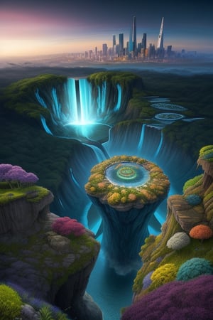 Generate a vibrant and surreal landscape that combines elements of a futuristic city skyline with natural elements such as floating islands, cascading waterfalls, and bioluminescent flora. The scene should evoke a sense of awe and wonder, with a harmonious blend of advanced technology and organic beauty. Use vivid colors and intricate details to bring the imagined world to life