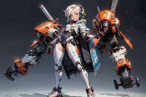  1 girl , Pilot , cute girl, pretty eyes, cheeky face , short orange and white hair , robotic headset , appendages in matching pairs , proper robot Sneakers , proper robot hands , naughty grin , Sci-fi, ultra high res, futuristic , {(little robot)}, {(solo)}, full body , {(complex, Machine background ,Macha outdoors background, Mecha Transport parts)}