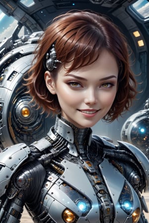 sexy girl, futuristic armor,short-hair, portrait, robot, machinery, science fiction, mecha,((space ship background:1.4)), masterpiece, best quality, aesthetic, realistic, raw photo,Comic Book-Style 2d,Glass Elements,cyborg style,happy smile,sunshine