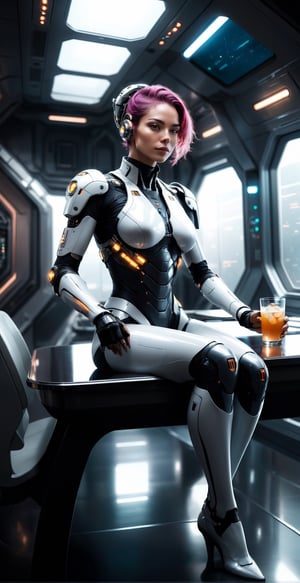 Generate hyper realistic image of a female cyborg sitting in a spaceship's Dining room, blending seamlessly with other female cyborgs. Emphasize her attempt to fit in by sipping a drink or reading a newspaper,Glass Elements,spcrft,smile