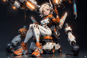  1 girl , Pilot , cute girl, pretty eyes, cheeky face , short orange and white hair , robotic headset , appendages in matching pairs , proper robot Sneakers , proper robot hands , naughty grin , Sci-fi, ultra high res, futuristic , {(little robot)}, {(solo)}, full body , {(complex, Machine background ,Macha outdoors background, Mecha Transport parts)}
