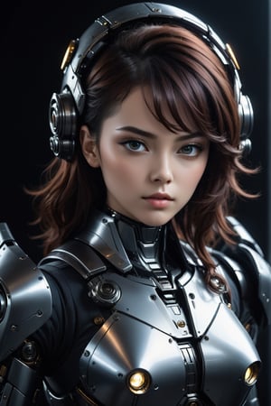 sexy girl, futuristic armor, portrait, robot, machinery, science fiction, mecha, black background, masterpiece, best quality, aesthetic, realistic, raw photo, ,Comic Book-Style 2d,Glass Elements