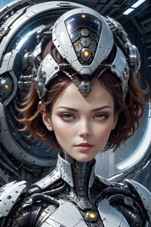 sexy girl, futuristic armor,short-hair, portrait, robot, machinery, science fiction, mecha,((space ship background:1.4)), masterpiece, best quality, aesthetic, realistic, raw photo,Comic Book-Style 2d,Glass Elements,cyborg style,light smile,sunshine