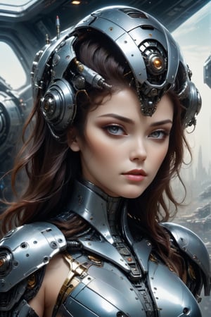 sexy girl, futuristic armor, portrait, robot, machinery, science fiction, mecha,((space ship background:1.4)), masterpiece, best quality, aesthetic, realistic, raw photo,Comic Book-Style 2d,Glass Elements