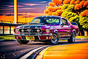 car, purple and black, Ford mustang infront of the Britishflag, on the road, perfect lighting, wallpaper, commercial photo