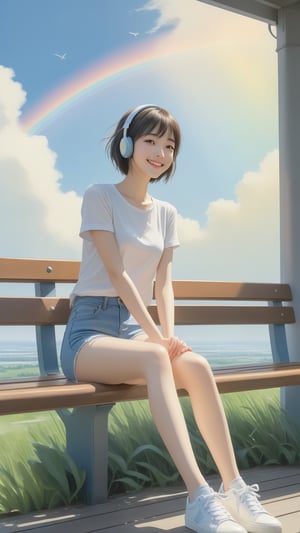 (masterpiece, high quality, 8K, high_res), 
a 18 yo sexy girl sits on a bench in the sunny  day and looks at the blue_sky rainbow, (ultra slender legs:1.3), elegant smile, happy and embarresed, dressed in a bottomless mesh shirt, ultra short_jeans and white sneakers, yellow_headphone wires are visible, the image conveys the mood of melancholy thoughtfulness, impasse, doubt. Watercolor painting technique, ultra detailed, beautiful,
inspired by  Makoto Shinkai and Toshihiro Kawamoto.