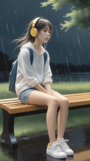 (masterpiece, high quality, 8K, high_res), 
a girl sits on a bench in the rain and looks at the sky, (ultra slender legs:1.2), dressed in a bottomless meshshirt, short jeans and white sneakers, yellow_headphone wires are visible, the image conveys the mood of melancholy thoughtfulness, impasse, doubt. Watercolor painting technique, ultra detailed, beautiful,
inspired by  Makoto Shinkai and Toshihiro Kawamoto
