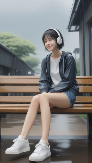 (masterpiece, high quality, 8K, high_res), 
a girl sits on a bench in the rain and looks at the sky, (ultra slender legs:1.2), elegant smile, happy, dressed in a bottomless meshshirt, ultra short_jeans and white sneakers, yellow_headphone wires are visible, the image conveys the mood of melancholy thoughtfulness, impasse, doubt. Watercolor painting technique, ultra detailed, beautiful,
inspired by  Makoto Shinkai and Toshihiro Kawamoto