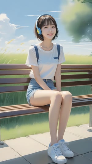 (masterpiece, high quality, 8K, high_res), 
a 18 yo sexy girl sits on a bench in the sunny  day and looks at the blue_sky rainbow, (ultra slender legs:1.3), elegant smile, happy and embarresed, dressed in a bottomless mesh shirt, ultra short_jeans and white sneakers, yellow_headphone wires are visible, the image conveys the mood of melancholy thoughtfulness, impasse, doubt. Watercolor painting technique, ultra detailed, beautiful,
inspired by  Makoto Shinkai and Toshihiro Kawamoto, first perspective shot.