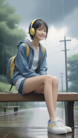 (masterpiece, high quality, 8K, high_res), 
a girl sits on a bench in the heavy rain and looks at the blue_sky, (ultra slender legs:1.3), elegant smile, happy and embarresed, dressed in a bottomless meshshirt, ultra short_jeans and white sneakers, yellow_headphone wires are visible, the image conveys the mood of melancholy thoughtfulness, impasse, doubt. Watercolor painting technique, ultra detailed, beautiful,
inspired by  Makoto Shinkai and Toshihiro Kawamoto
