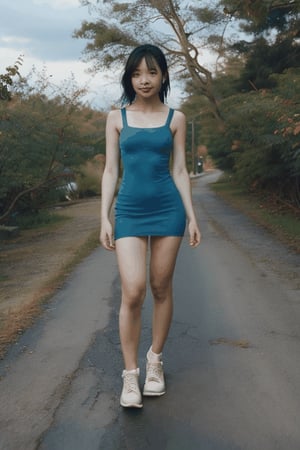 sexy asian girl, sexy knee size tight dress, walking on road 