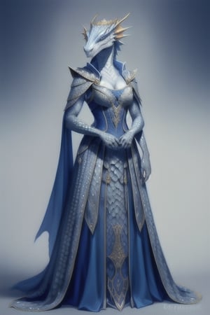 Female dragonborn wearing a royal dress with dark 
Gray scales and a soft smile in a dnd art style
, ultra realistic, Lifelike, fantasy art