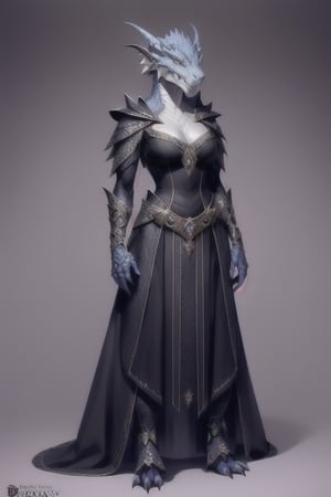 Female dragonborn wearing a royal dress with dark 
BLACK scales for skin and an evil smile in a dnd art style
, ultra realistic, Lifelike, fantasy art
