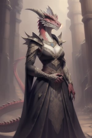Female dragonborn wearing a royal dress with red eyes, black scales and a soft smile in a dnd art style
, ultra realistic, Lifelike,  ,fantasy art