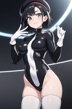 ((masterpiece,best quality)), high res, 8k, HD, (extremely detailed CG unity 8k wallpaper), illustration, solo female, perfect anatomy, (1girl), (best illumination),stage,round head,mime,pure white skin,((black hair)),black clothes,unitard,skintight,:3,short-hair,beret,black_glove
