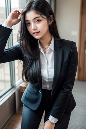19years old  Indian girl, long hair with black  with white skin  in business suit 
                      ,HeadpatPOV,Wonder of Beauty,Slender body