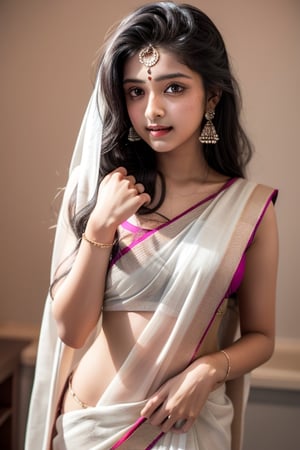 19years old  Indian girl, long hair with black  with white skin  in saree light pink colour 
                      ,HeadpatPOV,Wonder of Beauty,Slender body