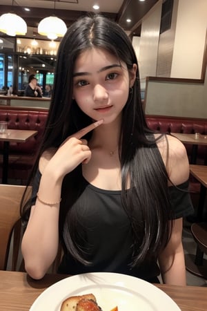 19years old  Indian girl, long hair with black  with white skin  in restaurant 
                      ,HeadpatPOV,Wonder of Beauty,Slender body