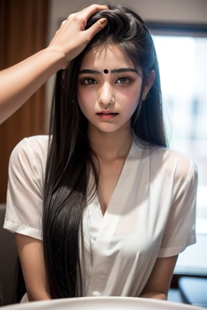 19years old  Indian girl, long hair with black  with white skin  in fork suit 
                      ,HeadpatPOV,Wonder of Beauty