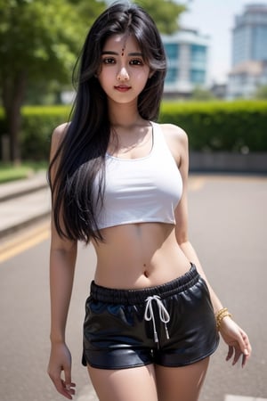 19years old  Indian girl, long hair with black  with white skin  in crop top and shorts 
                      ,HeadpatPOV,Wonder of Beauty,Slender body