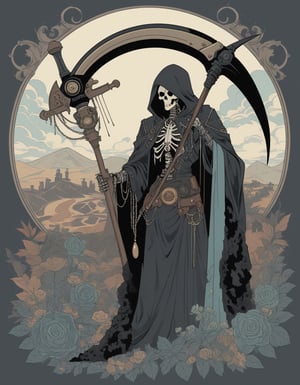 art deco, 
Mechanical Grim Reaper, large Scythe,
vector art, flat design, flatcolor, flowerpunk, dull color, faded color,
crystal and silver entanglement,
steampunk,ink painting\(medium\)