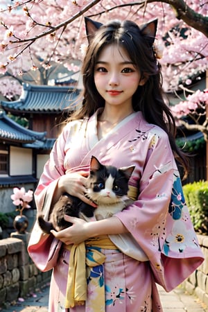 1 japan girl, solo, long hair, breasts, looking at viewer, blue eyes, smile, small breasts, black hair, holding, outdoors, lips, animal, yellow cat, sakura, pink kimono,  holding cat,Xxmix_Catecat,PetDragon2024xl,LinkGirl,aesthetic portrait,more detail XL,cat