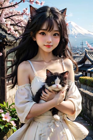 1 japan girl, solo, long hair, breasts, looking at viewer, blue eyes, smile, small breasts, black hair, holding, outdoors, white dress, lips, animal, yellow cat, sakura,  holding cat,Xxmix_Catecat,PetDragon2024xl,LinkGirl,aesthetic portrait,more detail XL,cat