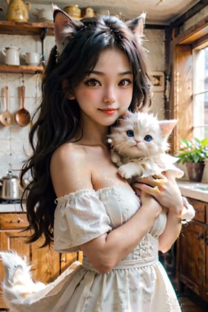 1 japan girl, solo, long hair, breasts, looking at viewer, blue eyes, smile, small breasts, black hair, holding, indoors, white dress, lips, animal, yellow cat, kitchen, holding cat,Xxmix_Catecat,PetDragon2024xl,LinkGirl,aesthetic portrait,more detail XL,cat