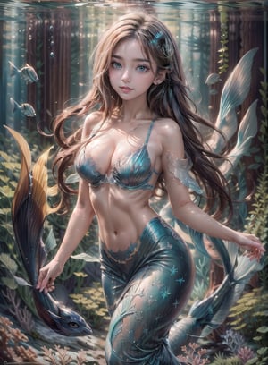 "Craft an exquisite image of a beautiful mermaid gracefully submerged in crystalline waters, her flowing iridescent tail reflecting the play of light. Surround her with an underwater tableau of stunning coral reefs, swaying aquatic plants, and a kaleidoscope of colorful fishes that weave through the aquatic tapestry, creating a mesmerizing and vibrant underwater world.",Mermaid, perfect deep blue eyes, perfect hairs, perfect face, perfect mermaid body, perfect underwater background, show abdomen.,beautiful girls