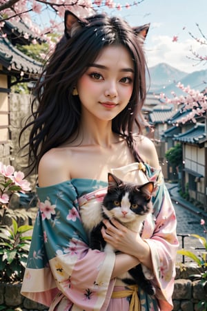 1 japan girl, solo, long hair, breasts, looking at viewer, blue eyes, smile, small breasts, black hair, holding, outdoors, lips, animal, yellow cat, sakura, pink kimono,  off shoulder, holding cat, side view, Xxmix_Catecat,PetDragon2024xl,LinkGirl,aesthetic portrait,more detail XL,cat