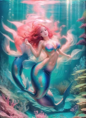 "Craft an exquisite image of a beautiful mermaid gracefully submerged in crystalline waters, her flowing iridescent tail reflecting the play of light. Surround her with an underwater tableau of stunning coral reefs, swaying aquatic plants, and a kaleidoscope of colorful fishes that weave through the aquatic tapestry, creating a mesmerizing and vibrant underwater world.",Mermaid, perfect deep blue eyes, perfect hairs, perfect face, perfect mermaid body, perfect underwater background, show abdomen.,beautiful girls,underwater