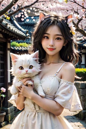 1 japan girl, solo, long hair, breasts, looking at viewer, blue eyes, smile, small breasts, black hair, holding, outdoors, white dress, lips, animal, yellow cat, sakura,  holding cat,Xxmix_Catecat,PetDragon2024xl,LinkGirl,aesthetic portrait,more detail XL,cat