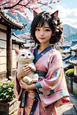 1 japan girl, solo, long hair, breasts, looking at viewer, blue eyes, smile, small breasts, black hair, holding, outdoors, lips, animal, yellow cat, sakura, pink kimono,  holding cat,Xxmix_Catecat,PetDragon2024xl,LinkGirl,aesthetic portrait,more detail XL,cat